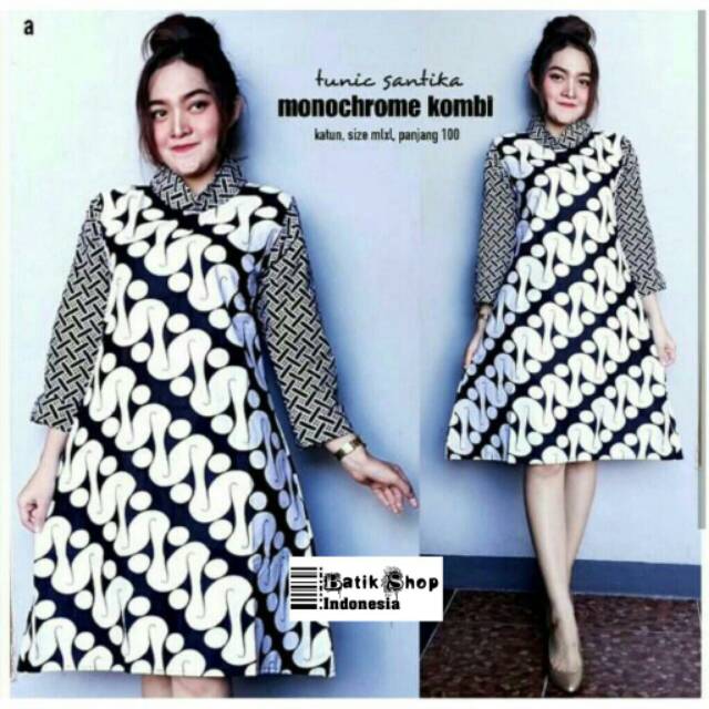 Tunik Santika Mono Kombi Batik Monokrom Muslim Baju Kerja Monochrome Kantoran Casual Formal