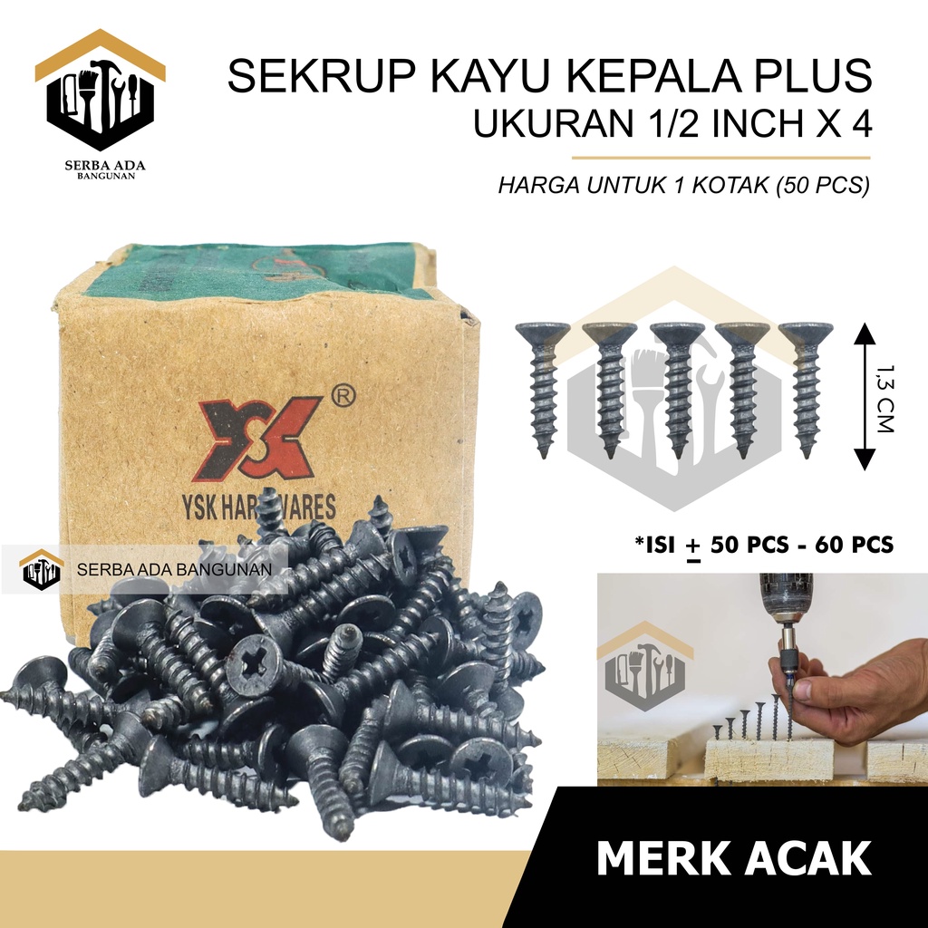 SKRUP KAYU 1/2&quot; X 4 (+) PLUS / (HARGA 1 KOTAK - TIDAK DIECER) TERMURAH