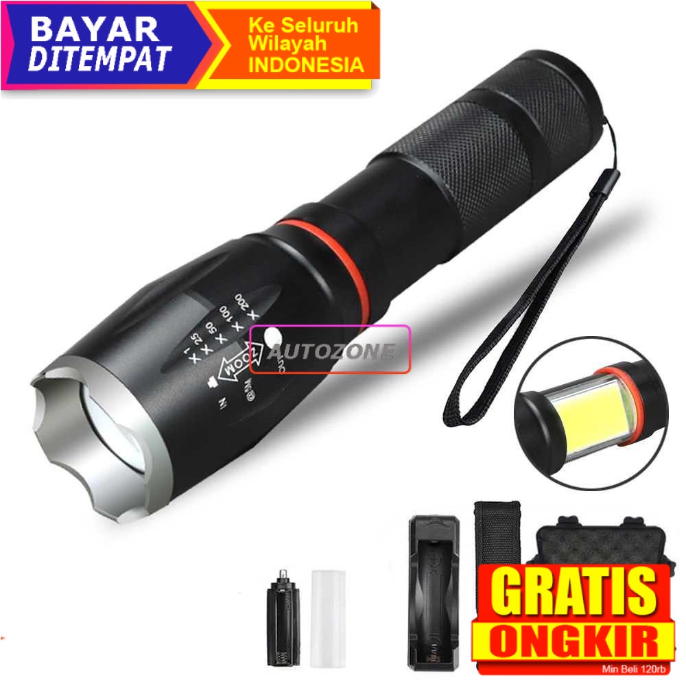 ORIGINAL Senter LED Super Terang Jarak Jauh Senter LED Torch Cree XM-L T6 + Charger + Box COB 8000 L
