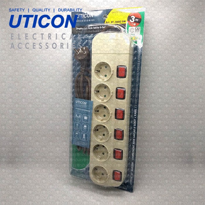 UTICON ST8682SW + 6 Lubang + Kabel 3 Meter - Stop Kontak + Saklar Individual