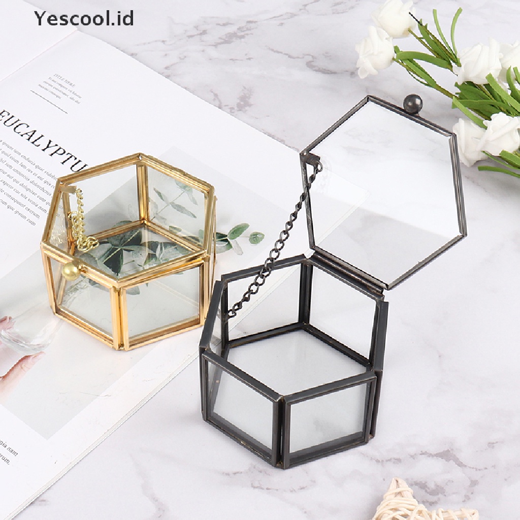 Kotak Holder Penyimpanan Perhiasan Cincin Bentuk Geometrik Bahan Kaca