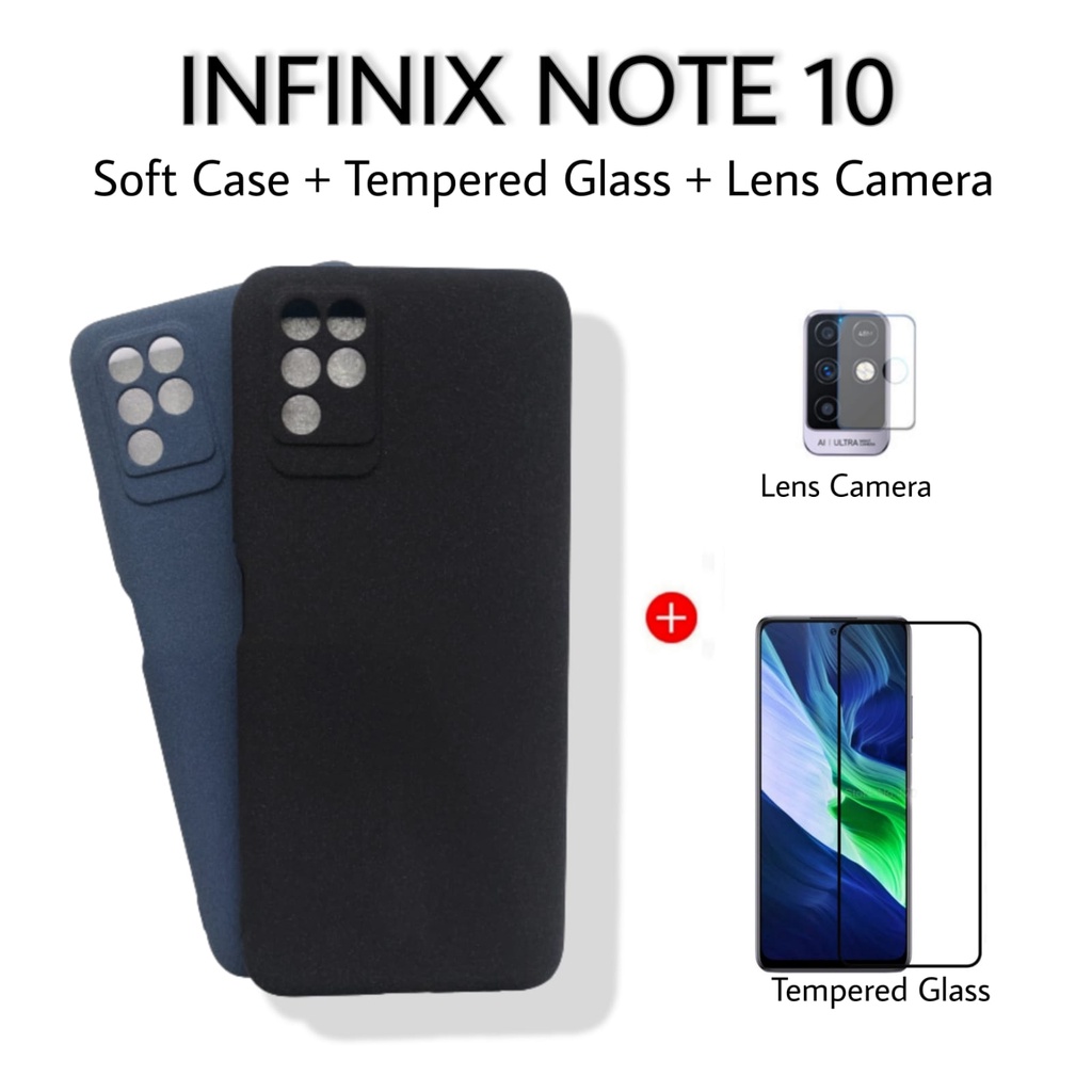 PAKET Case 3in1 INFINIX NOTE 10 / INFINIX NOTE 10 PRO Soft Case Matte Sanstone anti Fingerprint FREE Tempered Glass Layar Dan Lens Camera Handphone