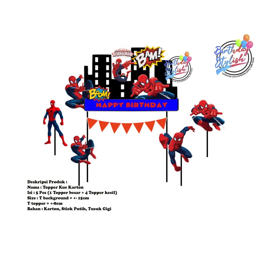 Topper Kue Spiderman Karton/ Hiasan kue Ulang Tahun / Background Kue Spiderman