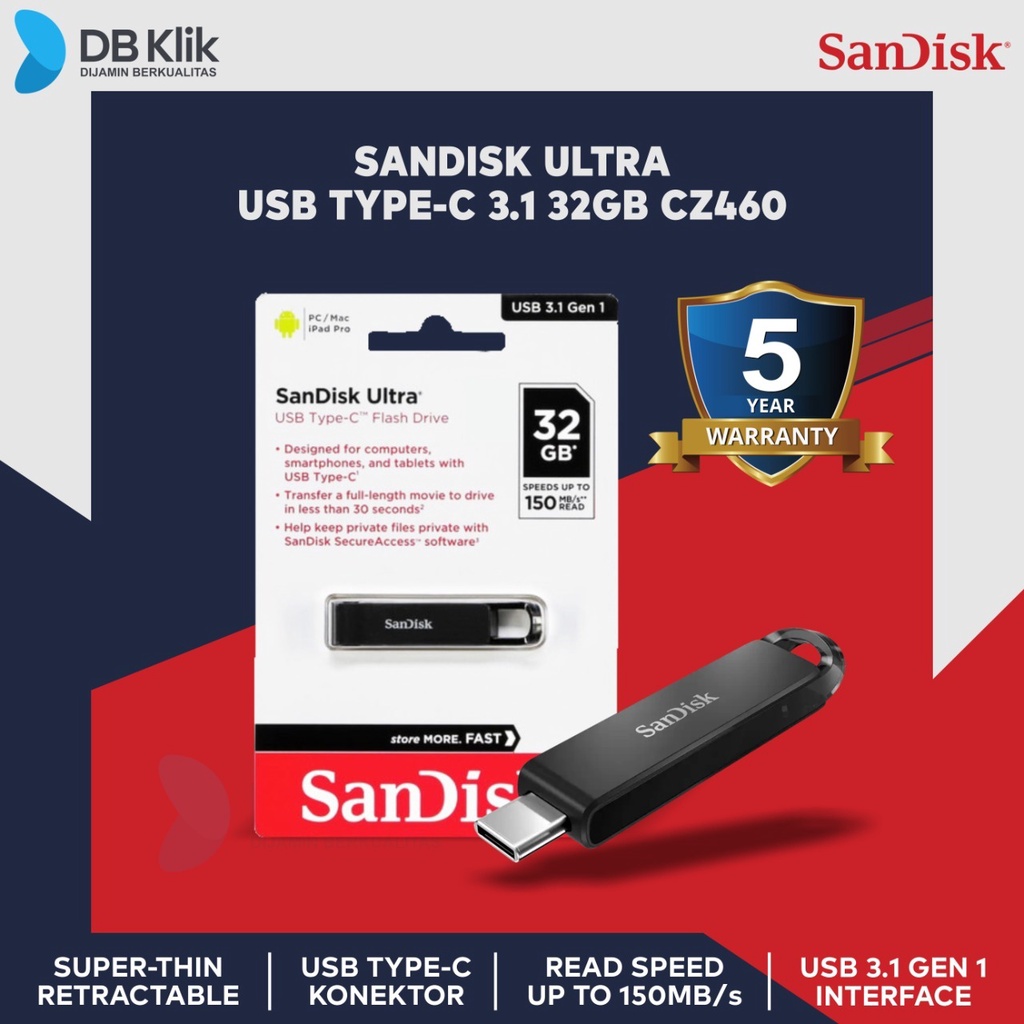 Flashdisk SanDisk Ultra 32GB CZ460 USB 3.1 Type-C - Sandisk 32GB USB C