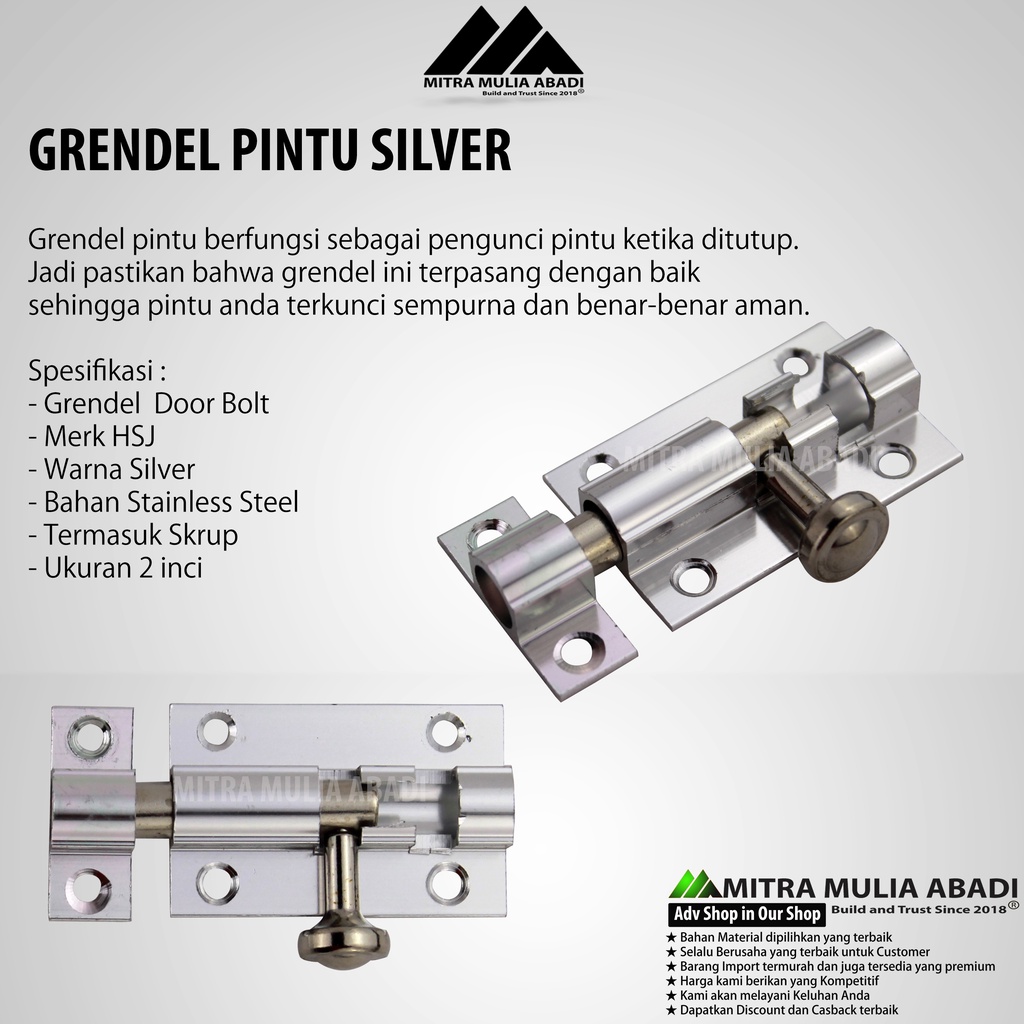 Grendel 2&quot;  Slot Pintu Silver Barrel Bolt