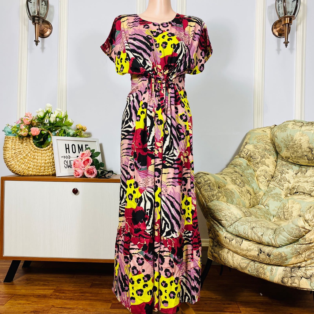 Daster Semata kaki Rayon Manohara Ruffle Busui Panjang Semata Kaki LD 120 Long Dress kekinian - Longdress semata kaki-Leopard Pink