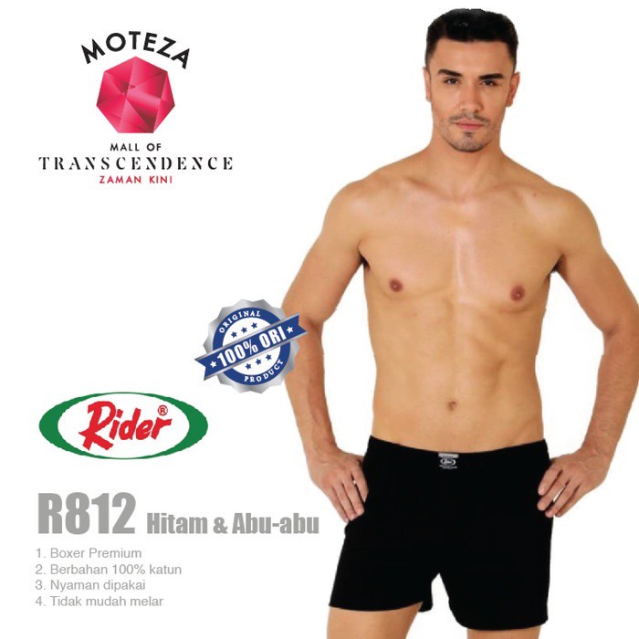RIDER Premium R 812 B R812B - Celana Dalam Pria Boxer Katun - Hitam Abu | Size S M L XL 2XL 3XL 4XL 5XL Jumbo Big Size
