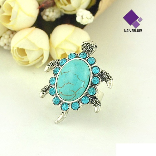 Naiveblue &gt; Cincin Motif Kura-Kura Aksen Turquoise + Berlian Imitasi Untuk Perhiasan Wanita