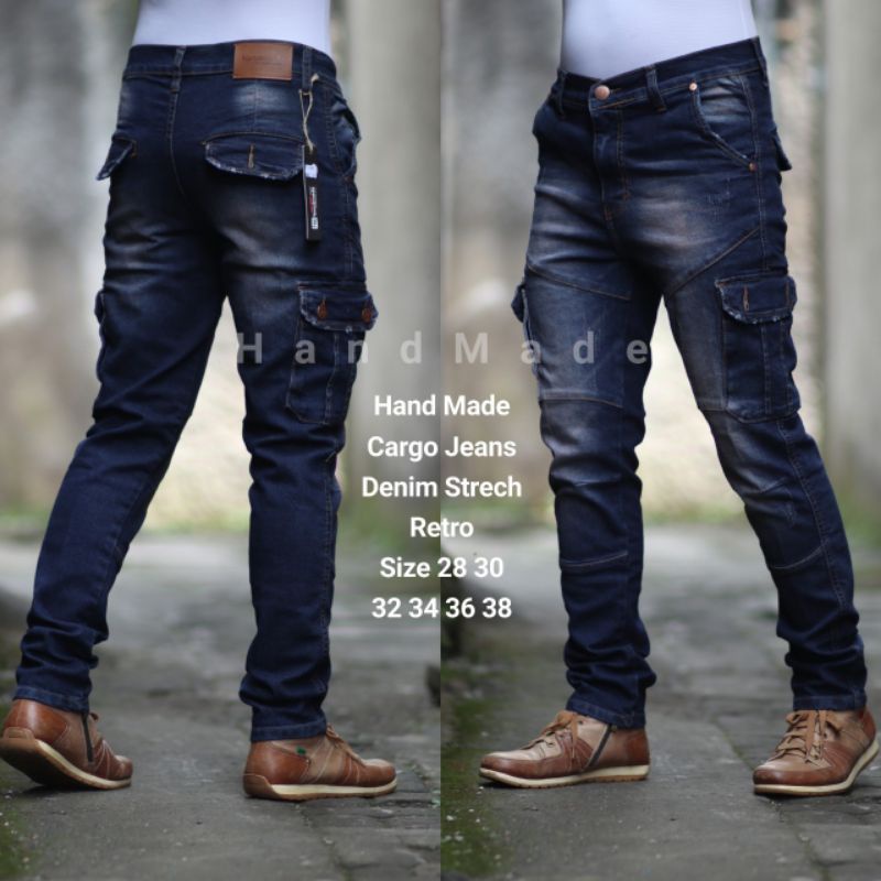 Celana Pria Cargo Jeans Sobek Ripped Strech