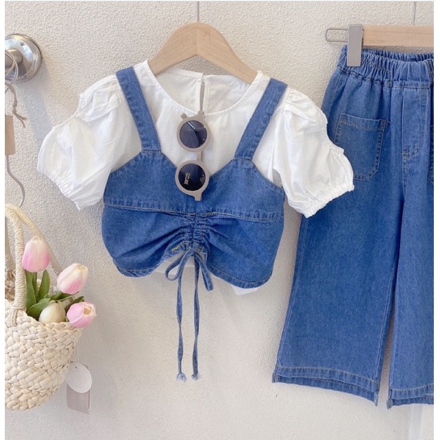 SET ANAK CEWEK ROMPI JEANS KULOT + CELANA SIZE 100-140 ROMPI SET 3 IN 1