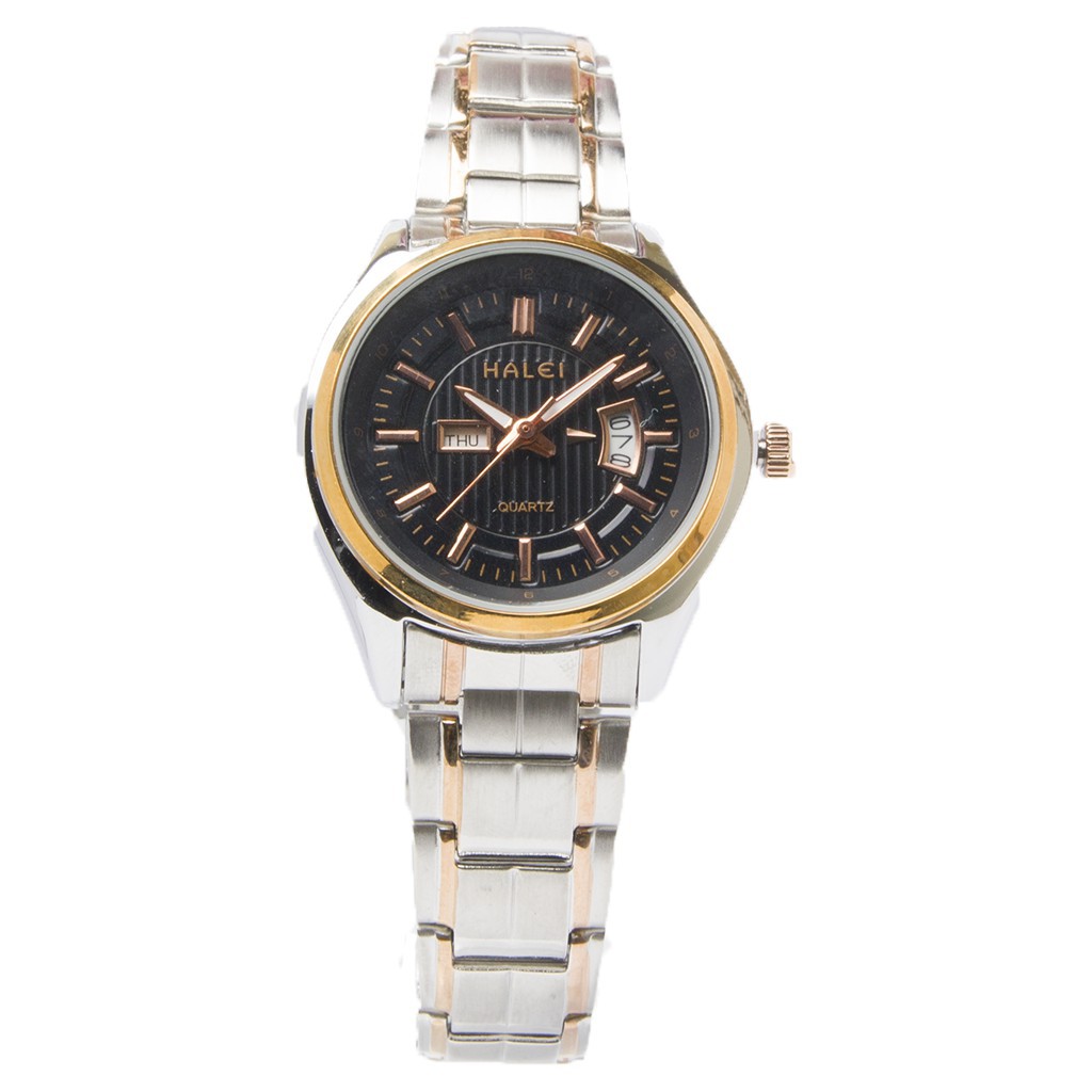 Jam Tangan Wanita Keren Anti Air Halei 8010 Original  Rantai Silver Kombinasi Gold  Hitam Plat Hitam