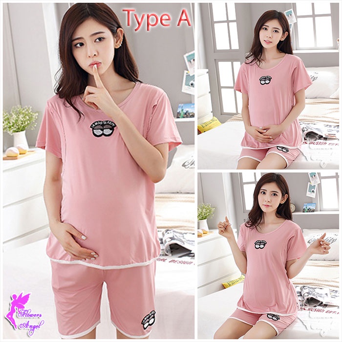 MHB Piyama Ibu Hamil Menyusui Setelan Baju Tidur Kaos Busui Celana Pendek Adem Nyaman