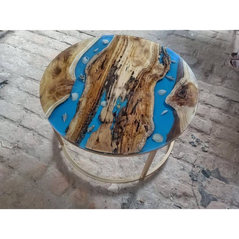 Meja Caffe bulad motif resin, elegant class, kayu jati combinasi resin, motif 2 biru dan kayu resin