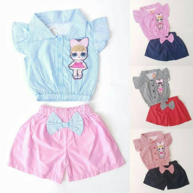 Baju Setelan Anak Bayi Perempuan  LOL LED Blus Garis Celana Kulot Pita