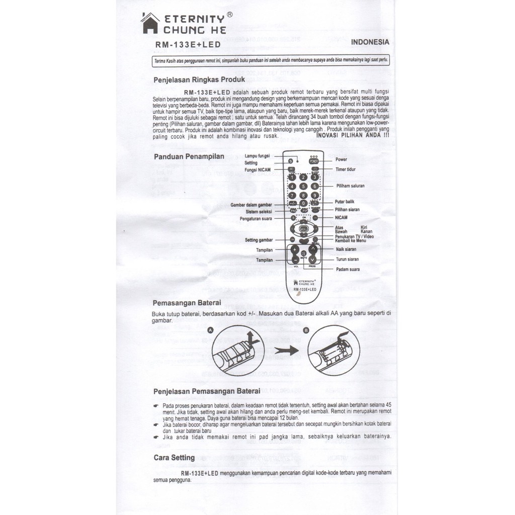 REMOTE REMOT TV UNIVERSAL TABUNG CHUNGHE RM 133E+LED