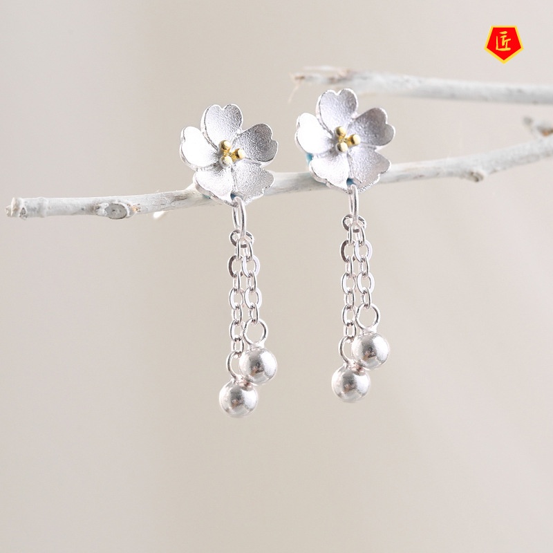 [Ready Stock]925 Silver Sakura Tassels Earrings Simple All-Match