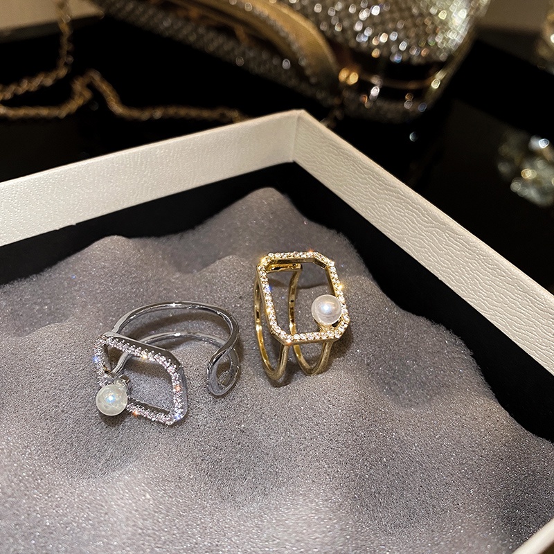 Cincin Model Terbuka Adjustable Bentuk Kotak Hias Mutiara Dan Zircon Gaya Retro