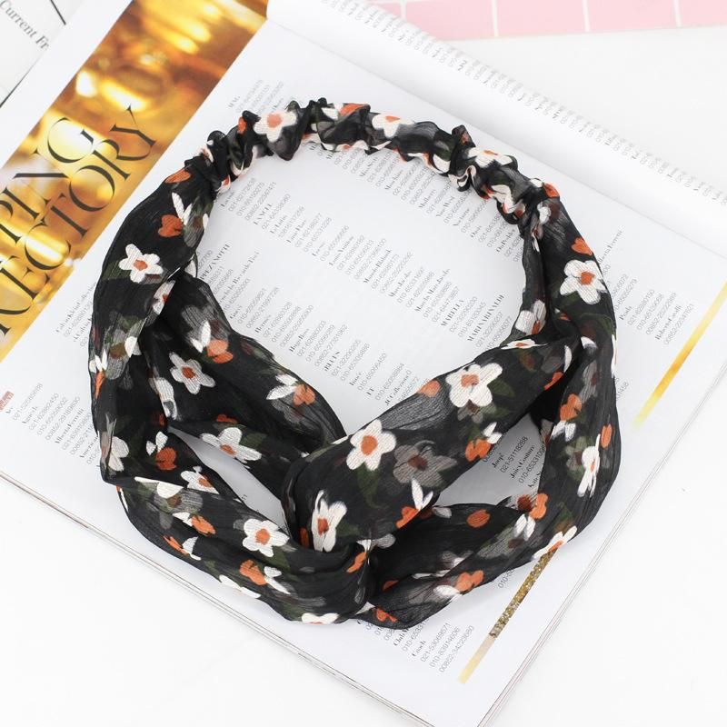 Bando Bahan Sifon Bandana Korea Chiffon Motif Bunga Daisy Untuk Aksesoris Rambut Wanita Mesh Twist Knot Wide Headband