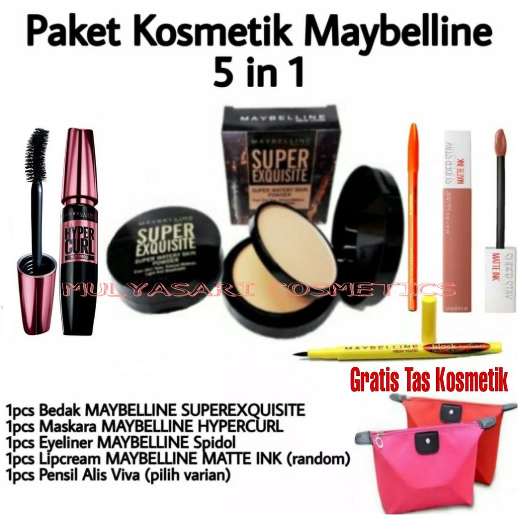 Paket Kosmetik Maybelline 5 in 1 - Lipstik + Bedak + Maskara + Eyeliner Waterproof + Pensil Alis Viv