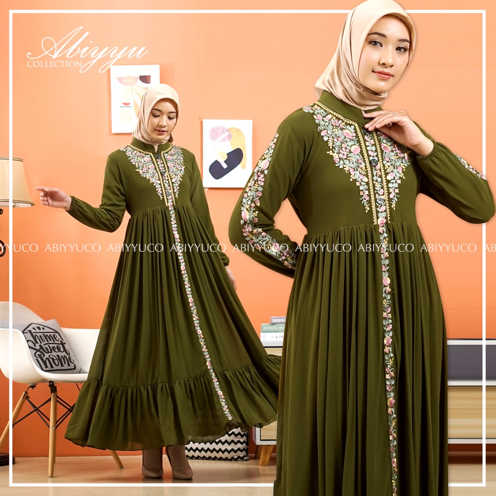 Abiyyuco TA9015 | Dress/Gamis Ceruty Babydoll Busui Hitam, Putih, dan Warna dengan Bordir Cantik