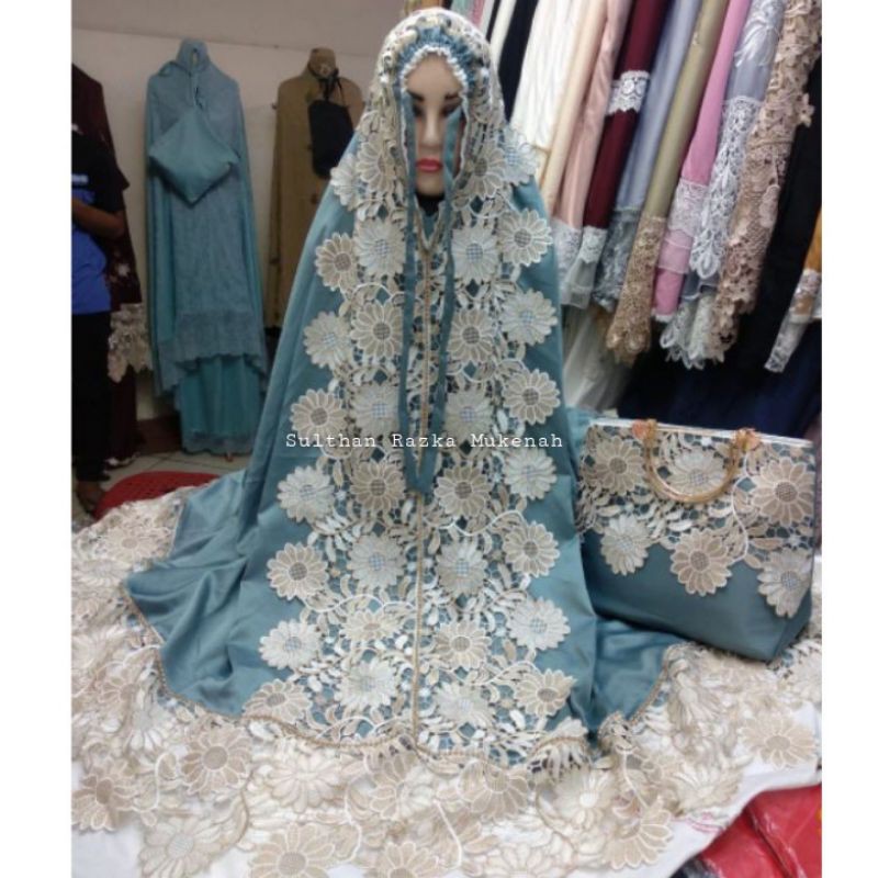 MUKENA MEWAH MUKNAH JUMBO DEWASA SUTRA PREMIUM PRADA MOTIF BORDIR TERBARU 2021 TELEKUNG PUTIH RUKUH