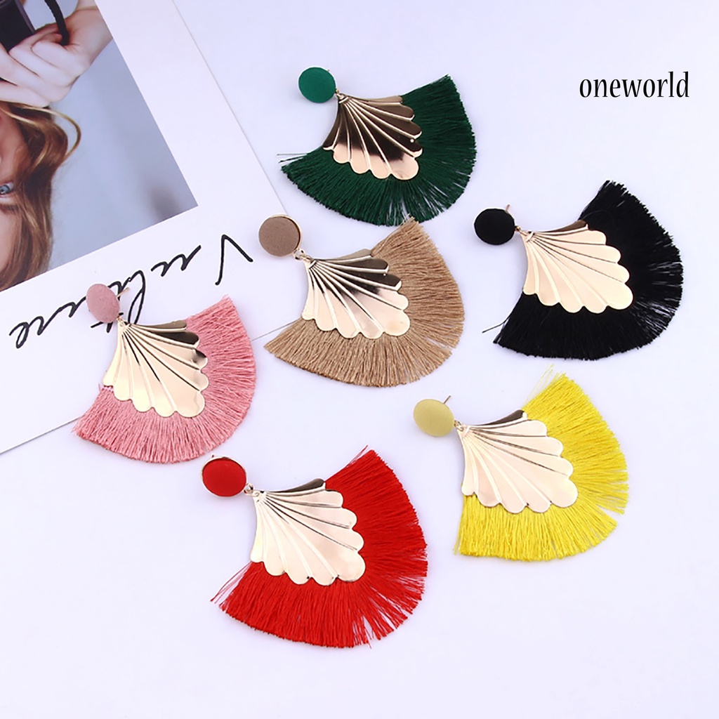 OW@ 1 Pair Women Creative Bohemia Fringed Fan Shape Dangle Earrings Jewelry Gift for Party