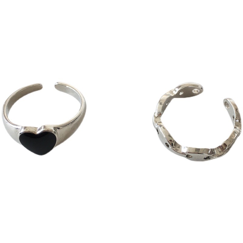 2pcs Cincin hitam cincin wanita fashion cincin perak cincin pria