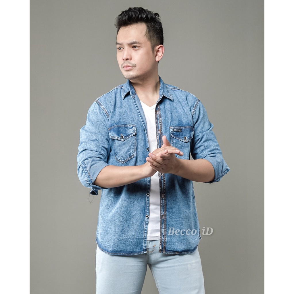 Kemeja Jeans Snow Panjang Original Basic Pria l Kemeja Polos  l Kemeja Kantoran Termurah