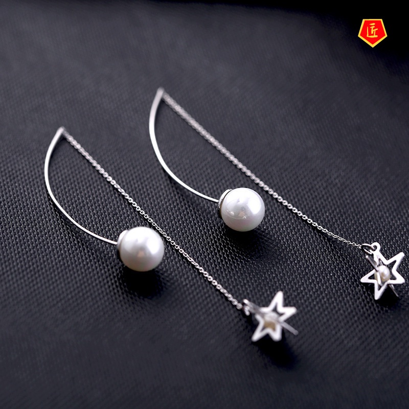 [Ready Stock]Refined Long Tassel Pentagram Pearl Earrings