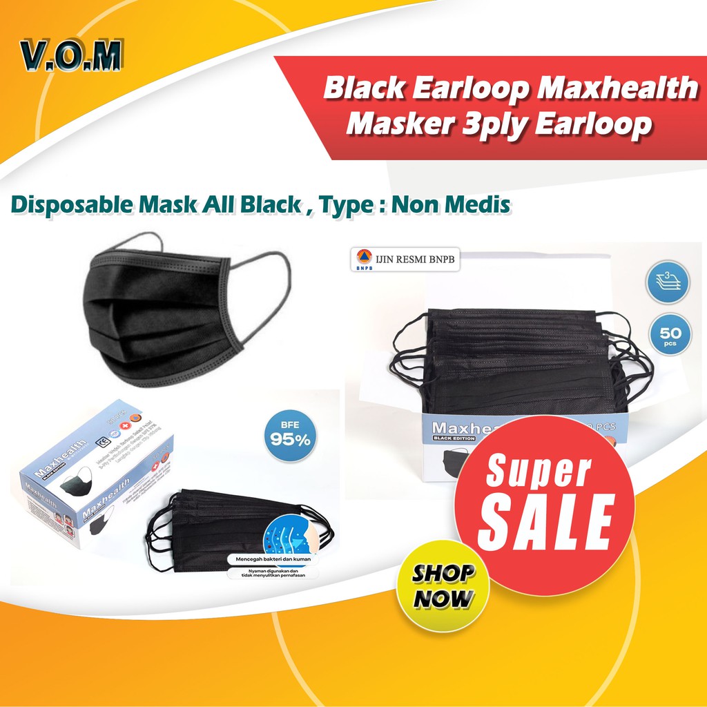 Black Earloop Maxhealth Masker 3ply Earloop Disposable Mask All Hitam