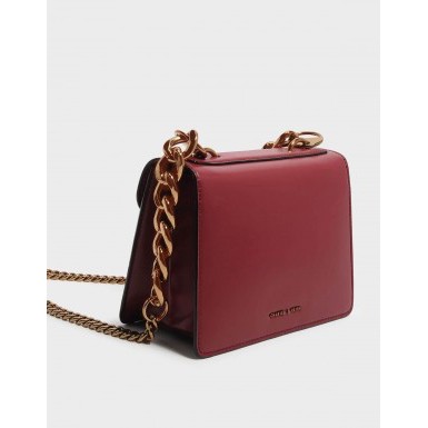 Tas Selempang wanita Medium Velvet Charles and Keith / Woman Metal Detail Front Flap slingbag maroon