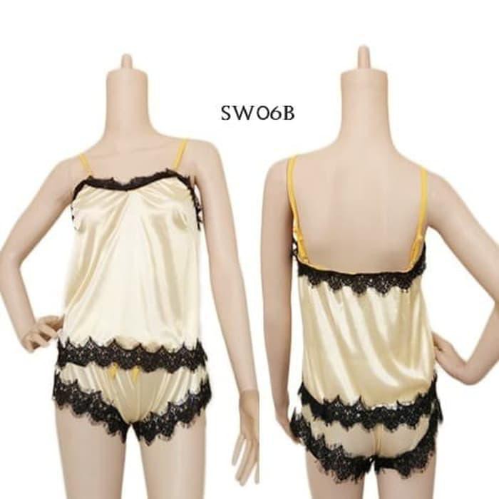 SET BAJU TIDUR SEKSI TANKTOP SATIN SEXY LINGERIE WANITA KUNING SW06B - KUNING, M 