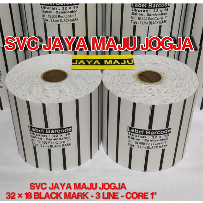 

32 X 18 BLACKMARK SEMICOATED - 3 LINE - FACE IN - ISI 10.000 PCS || CORE 1" || LABEL BARCODE PAKAI RIBBON THERMAL TRANSFER TOKO OLEH-OLEH TOKO ALAT ELEKTRONIK LISTRIK SUPERMARKET || 32X18 LABEL BARCODE BLACK MARK SEMICOAT - ISI 10000 PCS