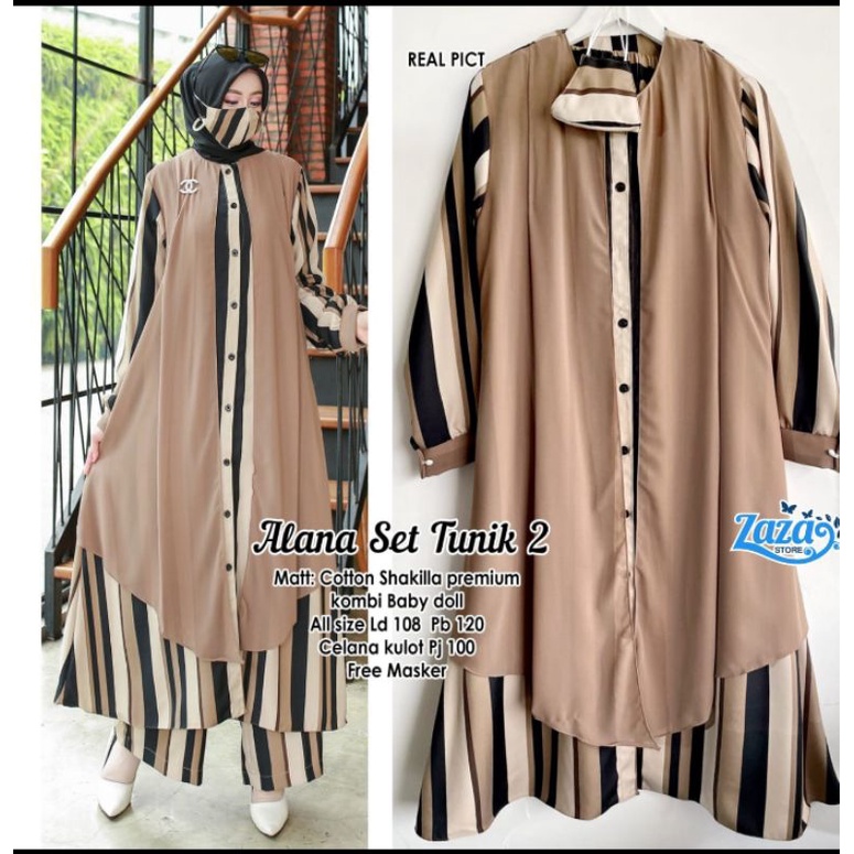 Oneset free masker Alana Set Tunik 2 setelan tunim dan kulot setelan tunik katun salur mix babydoll