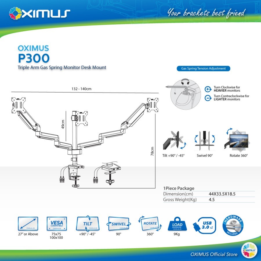 BRACKET MONITOR GAS SPRING OXIMUS P300 TILT SWIVEL ROTATE USB 3.0 x2