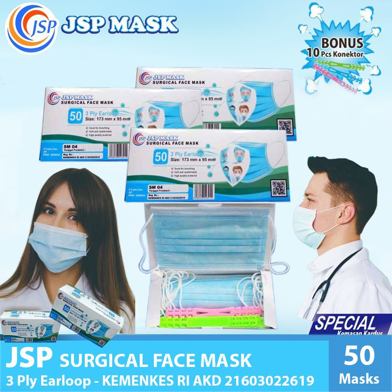 Masker Medis Face Mask 3Ply Masker Kesehatan JSP 25PCS 50PCS Earloop Masker Mulut Tali Masker Kalung