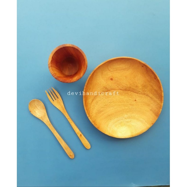 piring kayu/piring makan/piring bulat 20cm/piring makan kayu mahoni set( piring+sendok garpu+gelas 1