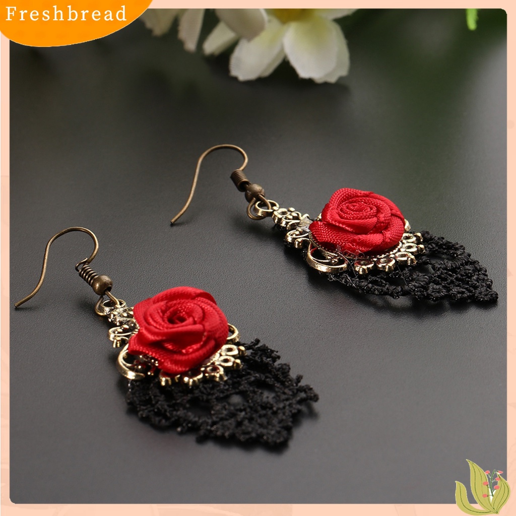 【Fresh】1 Pair Vintage Gothic Vampire Halloween Black Lace Red Flowers Dangle Earrings