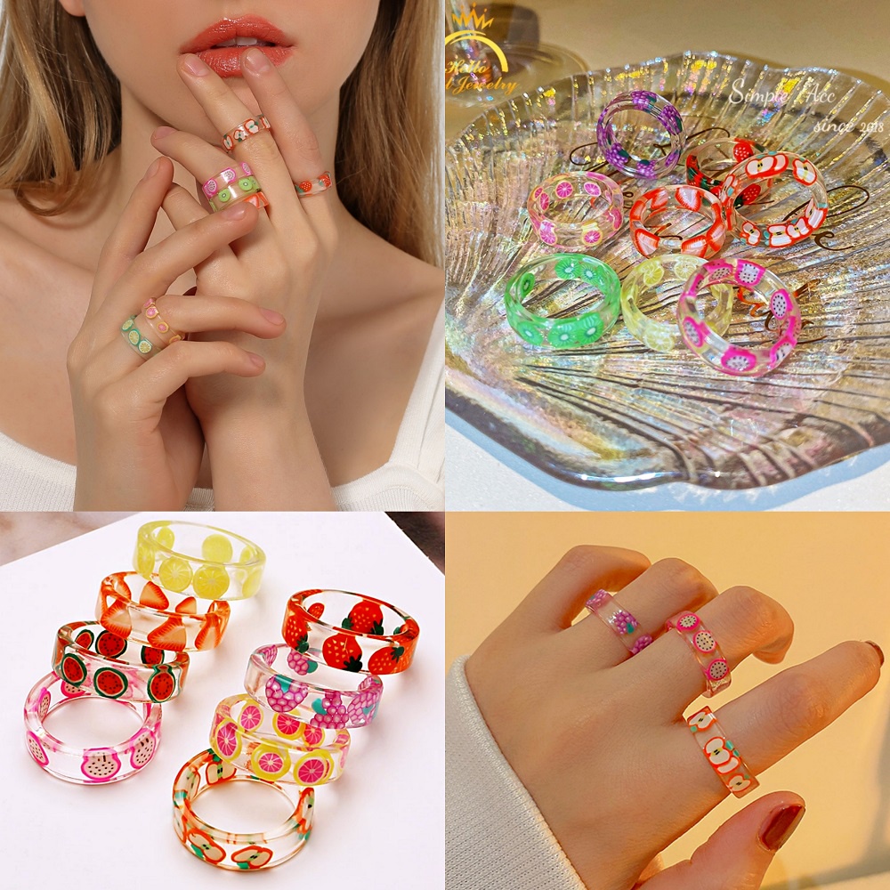 Cincin Desain Buah Alpukat Strawberry Bahan Resin Gaya Korea Untuk Wanita