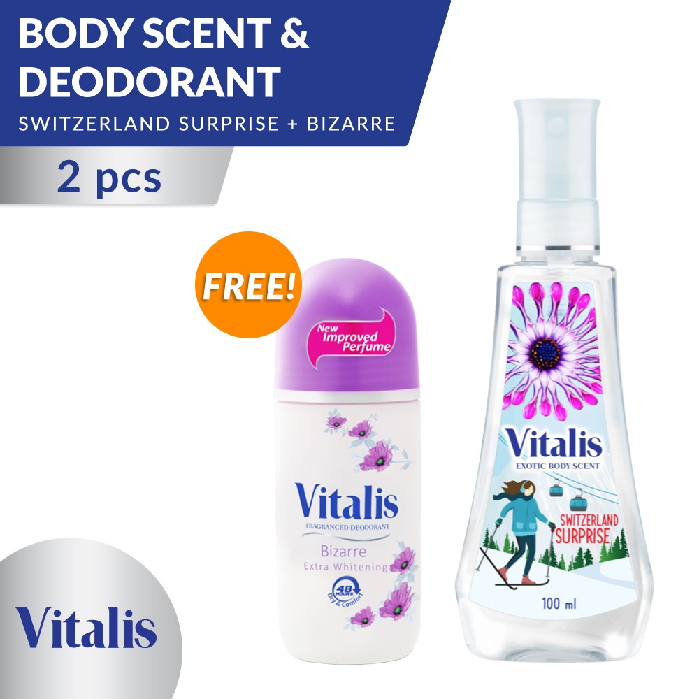 Vitalis Exotic Body Scent Switzerland Surprise 100Ml + Free Vitalis Perfumed Roll On Whitening 20Ml