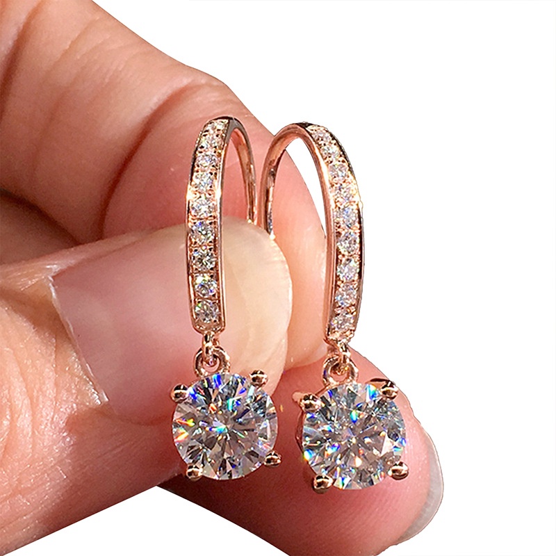 Anting Drop Liontin Cubic Zirconia Bentuk Bulat Warna Rose Gold Untuk Pengantin Wanita