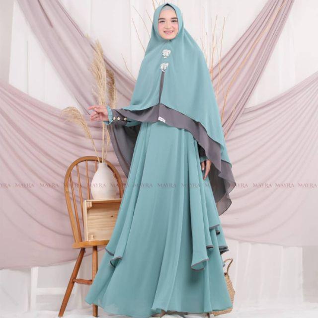 Gamis Syari Ceruty Mix Renda Depan dan Tangan | Gamis Syari Busui | Gamis Set Khimar Terbaru-kafa Blue