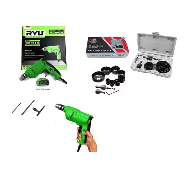 PAKET Mesin Bor Tangan RYU 10 mm Bolak Balik PLUS Hole Saw Kit Set 11 pcs Mata Bor Kayu Hidroponik