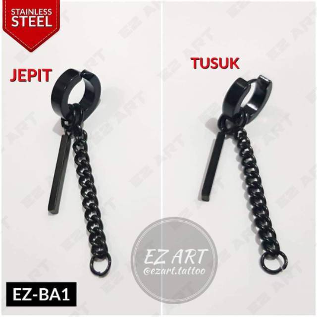 1Pc Model EZ-BA Black Hitam Anting Pria Wanita Jepit Tusuk Variasi Bandul