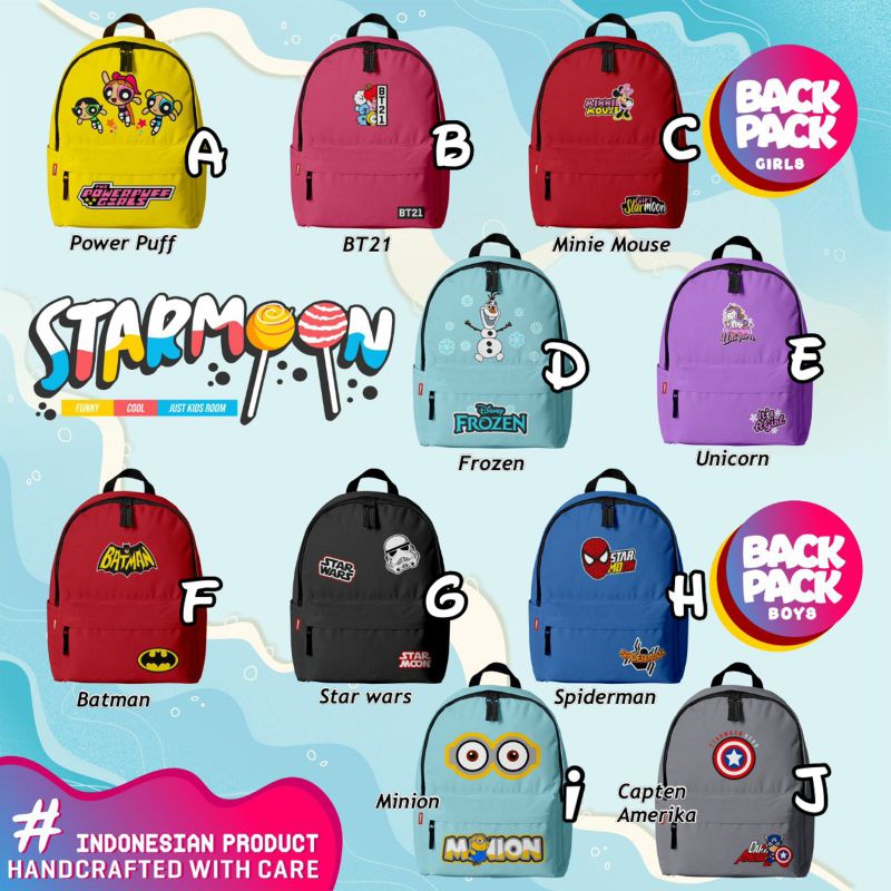 Open PRE ORDER TAS SEKOLAH ANAK STARMOON DENGAN MOTIF2 BT21 STARWARS SPIDER CAPT FROZEN BATMAN