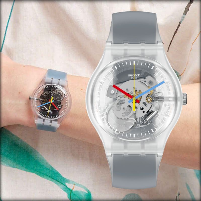 JAM TANGAN PRIA WANITA SWATCH ORIGINAL SUOK157 CLEARLY BLACK STRIPED CASUAL ANALOG QUARTZ SWISS MADE