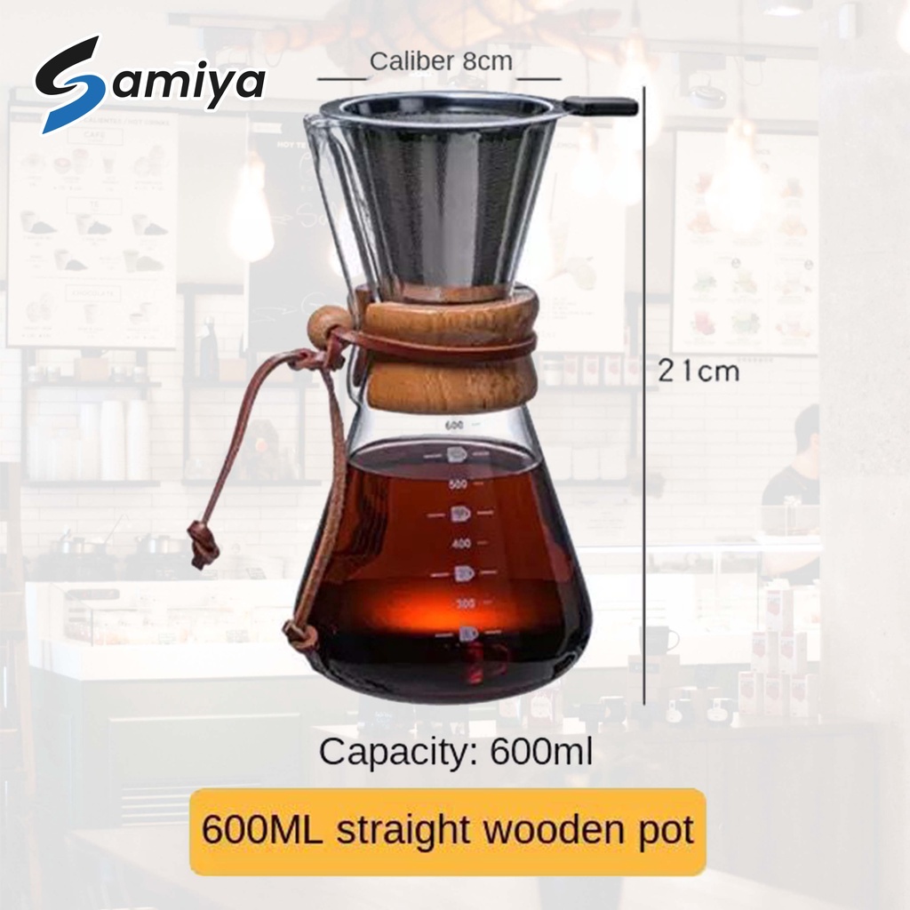 chemex coffee pot 600ml wooden handle FREE saringan filter stainless / teko kaca server kopi gagang kayu borosilicate glass heat resistant tahan panas dingin