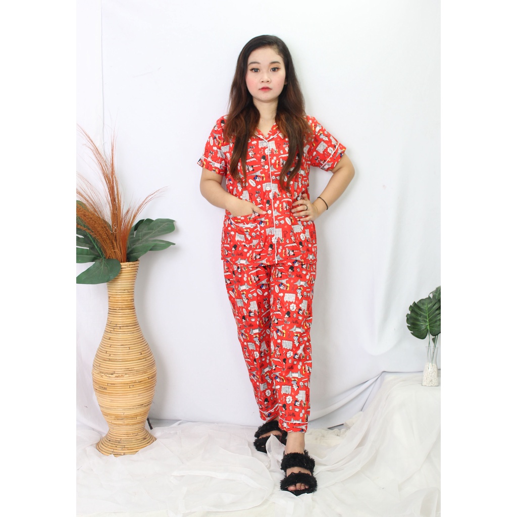 OKHISHOP - CP1 Piyama Pajamas CP Baju Tidur Piyama Wanita Dewasa Setelan CP Motif Trendy Karakter Kotak Guilen-CP Eifel Merah