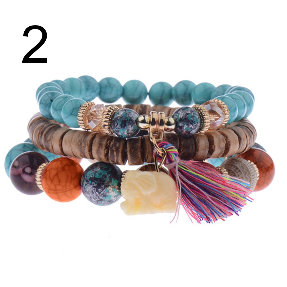 Hu Hu Hu Hu Hu Alat Bantu Pasang Kacamata♡ 3pcs / Set Gelang Manik-Manik Batu Czech Aksen Gajah Rumbai Gaya Bohemian Untuk Wanita