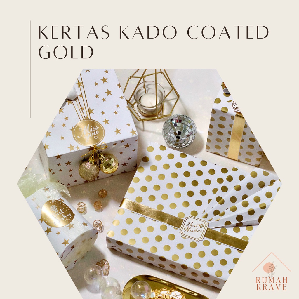 

RUMAH KRAVE - Kertas Kado Coated Gold Emas Polkadot Bintang Garis Putih